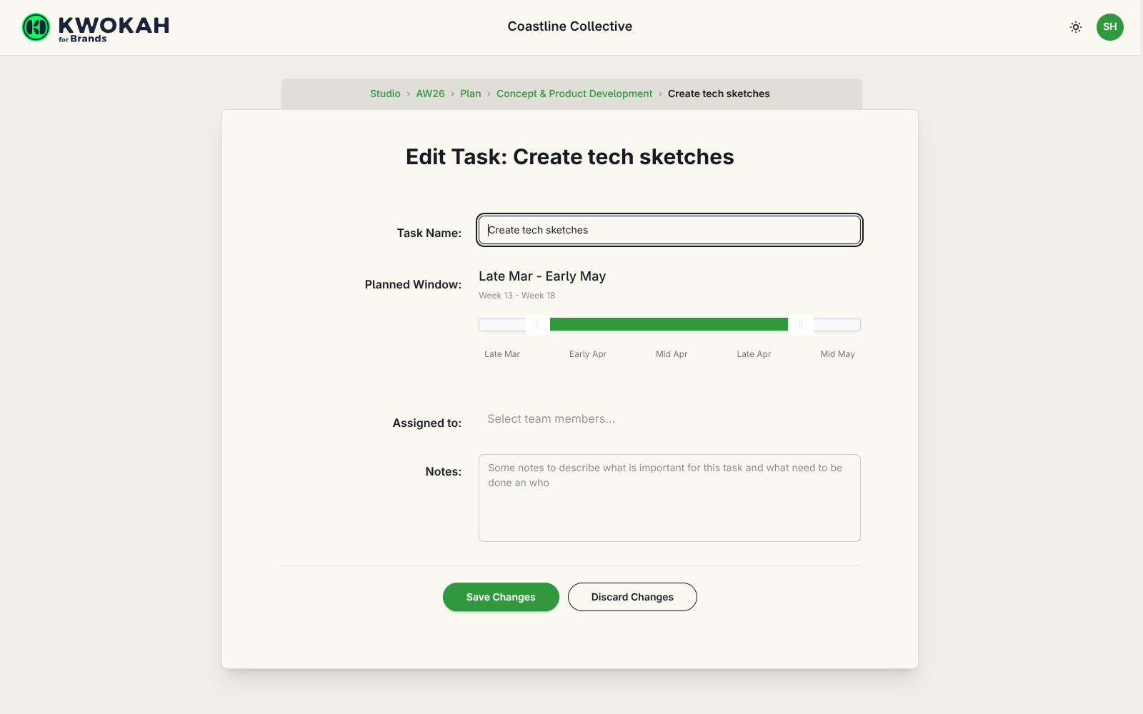 Kwokah task editing screen