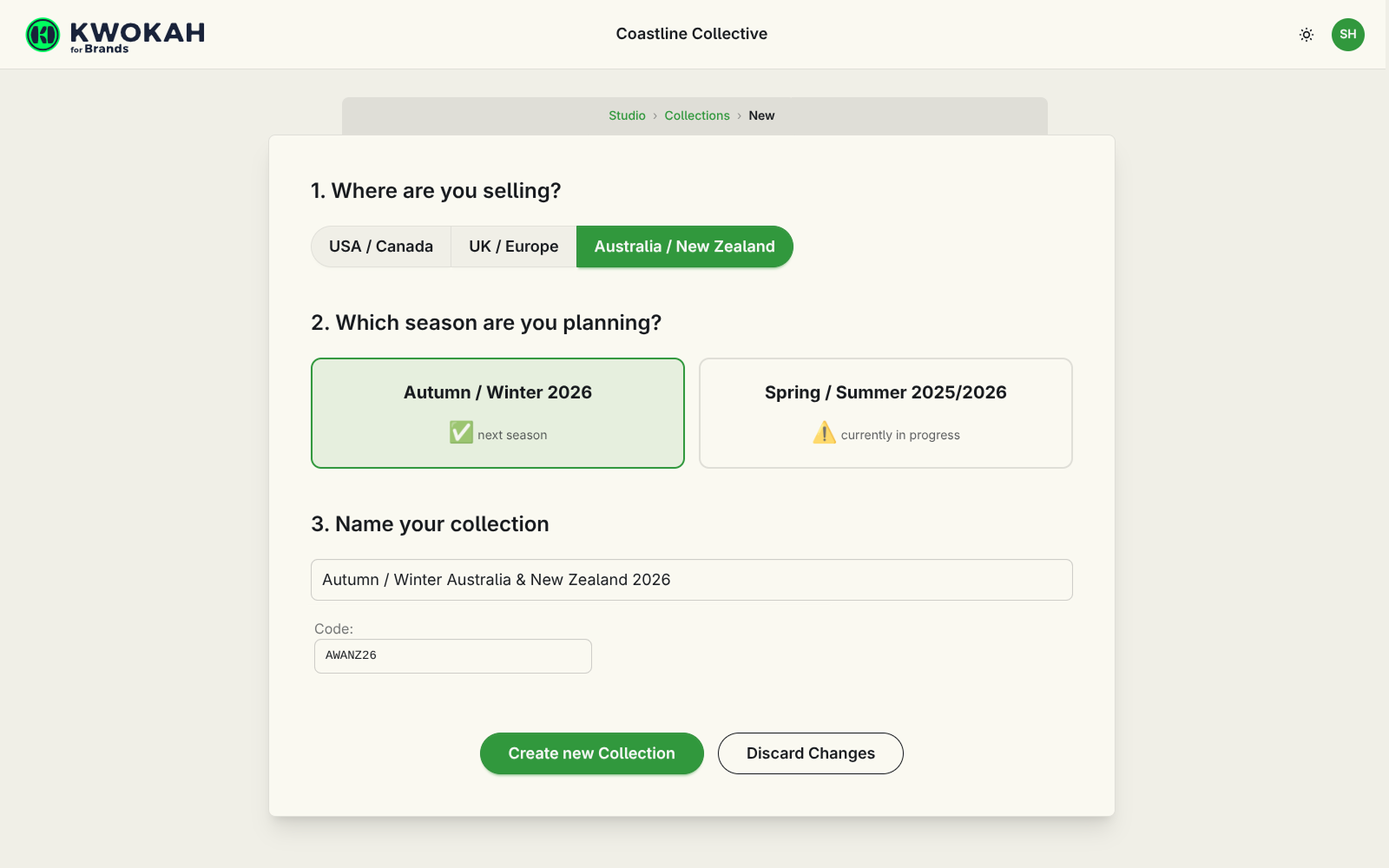 Kwokah new collection setup screen