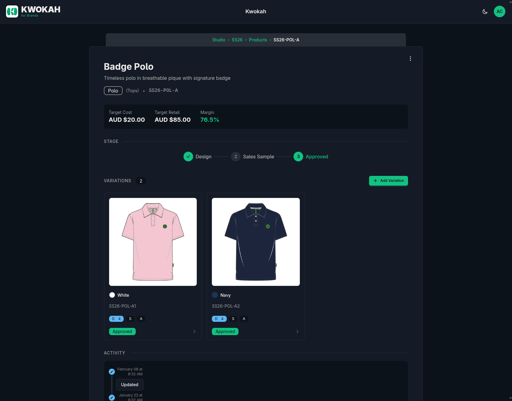 Kwokah product detail with stage progression and variations